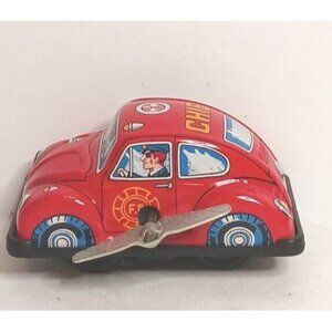 Yonezawa VW Volkswagon Beetle Fire Chief Wind Up Vintage Works Tin Litho Japan